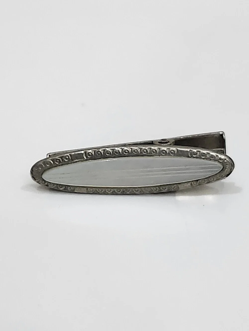 Vintage Tie Clip White Mother Of Pearl Inlay Art Deco Silver Tone Frame